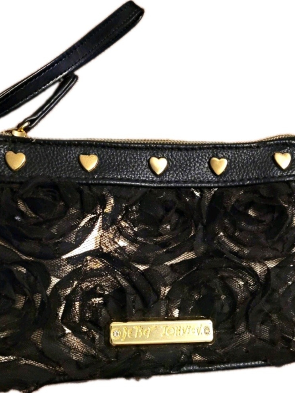 Betsey Johnson Black 3D Floral Rosette Wristlet Clutch Gold Hearts Y2K Coquette